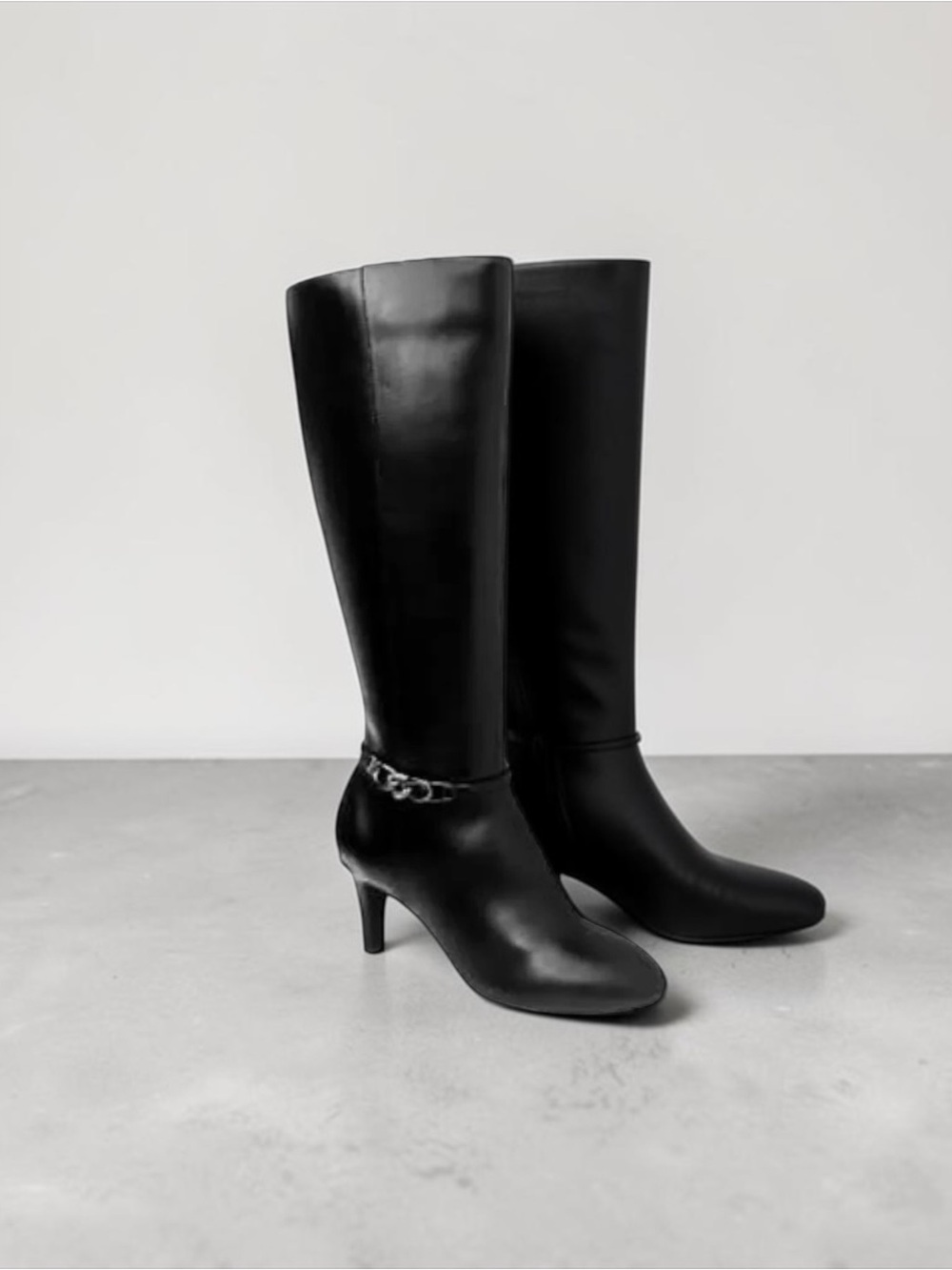 NWT Karen Scott Black Hanna Knee-High Dress Boots with Chain Detail Sz 9.5
